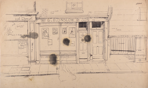 Artist Evelyn Dunbar (1906-1960): Study for the background to The Queue at the Fish Shop
