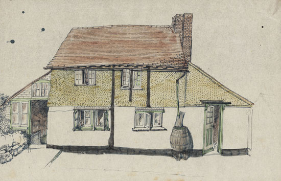 Dorothy-Mahoney: Oak-Cottage-from-the-back-garden,-c.-1945