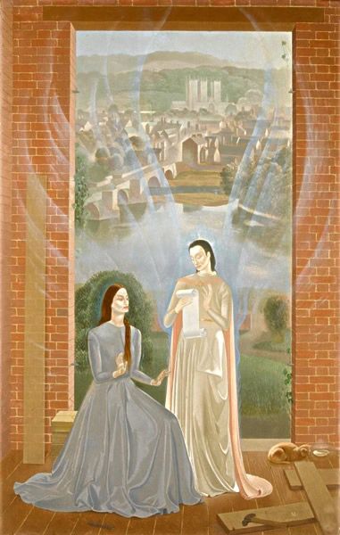 Artist M L: Annunciation with Lincoln Cathedral in the background, circa 1925