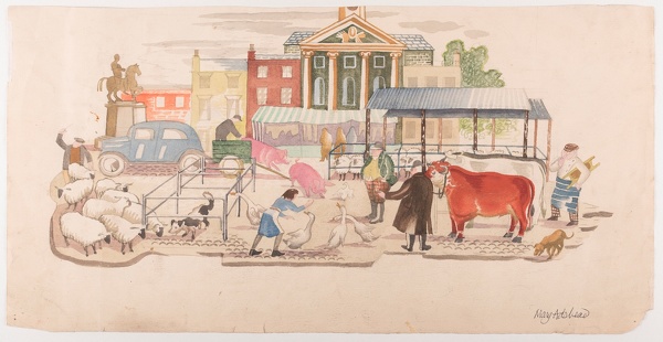 Artist Mary Adshead (1904 - 1995): Livestock Market, (recto) Picking Tealeaves (verso), circa 1930