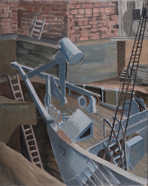 Isobel-Atterbury-Heath: A-Royal-Navy-Mine-Sweeper-in-Dry-Dock,-circa-1940