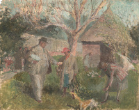 Artist Evelyn Dunbar: The Dunbar family in the Garden at The Cedars, Spring (Version 1), c.1928 (HMO 75)