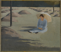 Artist Winifred Knights: Mabel Knights seated in a hayfield