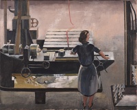 Artist Isobel Atterbury Heath: Woman operating a lathe turning the fuse tips of munitions, c.1944